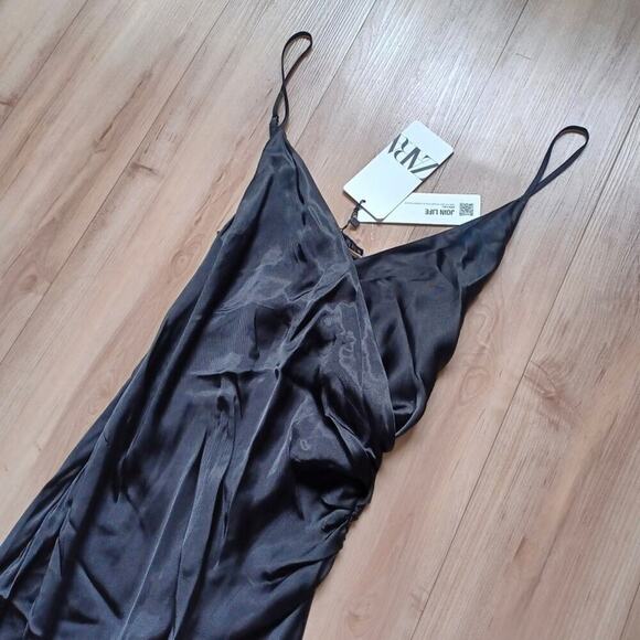Zara Strappy Satin Effect Gathered Slip Midi Dress Black XS NWT - Picture 5 of 10